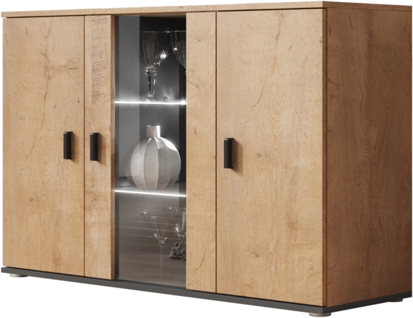 Kommode Soho S07 (Farbe: Lefkas Eiche / Lefkas Eiche + Schwarz, mit weißer LED Beleuchtung)