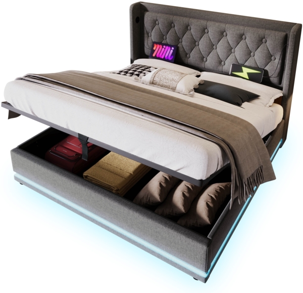 Polsterbett 160x200 cm – hydraulischer Bettkasten, Baumwollbezug, USB Typ-C & 3‑seitige LED, Grau