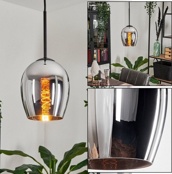 hofstein Hängeleuchte Hängelampe aus Metall/Glas in Schwarz/Chromfarben, ohne Leuchtmittel, im Vintage/Retro Design, Glasschrim (15cm), 1x E27, ohne Leuchtmittel