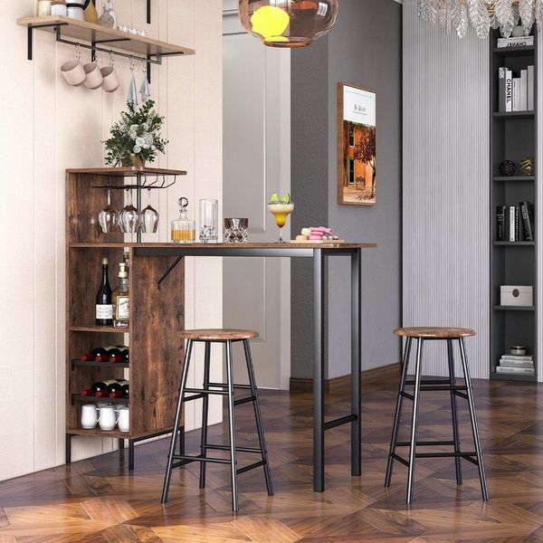 COSTWAY Bartisch (3 TLG. mit Hockern), mit Weinregal & Halterungen
