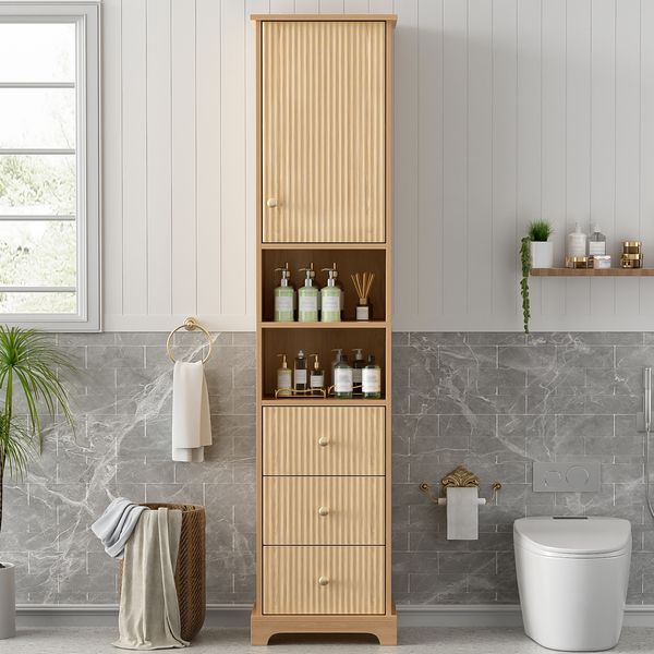 Flieks Badezimmer-Hochschrank 40 x 30 x 172 cm, Badschrank in Holzoptik mit 3 Schubladen & verstellbarem Einlegeboden, Naturholzfarbe
