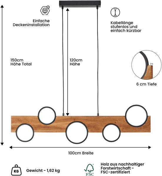 Brilliant Cheesy Pendelleuchte Holz - Moderne Pendelleuchte für Esstisch & Wohnzimmerlampe aus Holz, mit integrierter LED - Perfekte Küchenbeleuchtung - Metall & Holz - Mattschwarz/Holz-Finish Bild 3