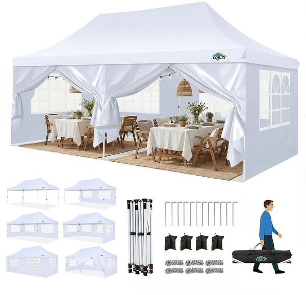 COBIZI Faltpavillon 3X6, Pavillon 3x6 m Wasserdicht Stabil Winterfest, Faltbar Partyzelt mit 6 Seitenwänden & 4 Sandsack Pop up Gartenpavillon Anti-UV für Hochzeiten, Freien, Weiß