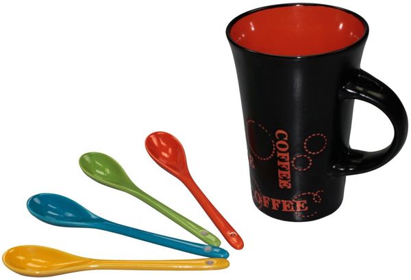 Haus und Deko Geschirr-Set 4er-Set Keramik Kaffeebecher & Löffel Kaffeetassen schwarz bunt XL (8-tlg), Keramik