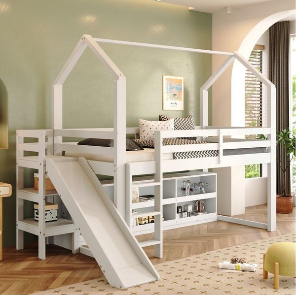 Flieks Hochbett Kinderbett 90x200cm mit Rutsche, Leiter und beweglichem Schrank