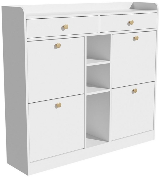 HAUSS SPOLE Schuhschrank mit 4 Klapptüren, 2 Schubladen, 3 offenen Fächern für Flure weiß (Schuhbank, Schuhregal, Schuhkommode, 1-St, mit 4 Klapptüren, 2 Schubladen, 3 offenen Fächern) 110 x 26 x 100 cm