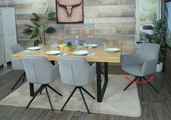 6er-Set Esszimmerstuhl HWC-L79, Küchenstuhl Lehnstuhl Stuhl Armlehnen, drehbar Auto-Position Stoff/Textil ~ hellgrau