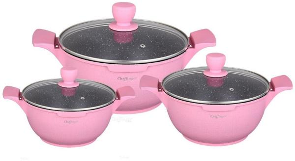 Cheffinger Kochtopf Kochtopfset 20-24-28cm 6-tlg Topf Induktion Alu Guss Geschirr Pink