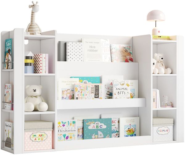 Merax Kinderregal, Bilderbuchregal mit Stauraum, Kinderschrank & Kinderbuchregal, Holzmöbel für Kinderzimmer, Weiß, 140 x 30 x 95 cm Bild 10