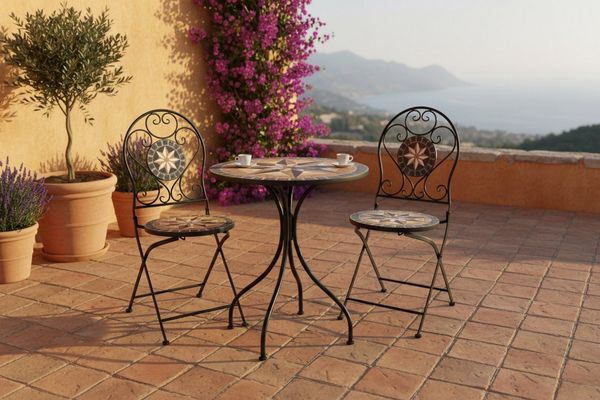 Wohnando Garten-Essgruppe Bistroset "Casper", Metalltisch, Metallmöbel, schwarz, Mosaik-Design, (3-tlg), bestehend aus 2 Stühlen und 1 Tisch, Braun Mix