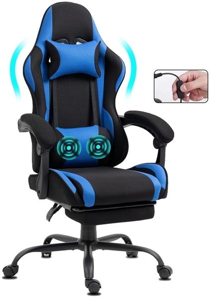 Delman Gaming-Stuhl, ergonomischer Bürostuhl mit 2-Punkt-Massagefunktion, Fußstütze und Kopfstütze, Stoffbezug, Blau