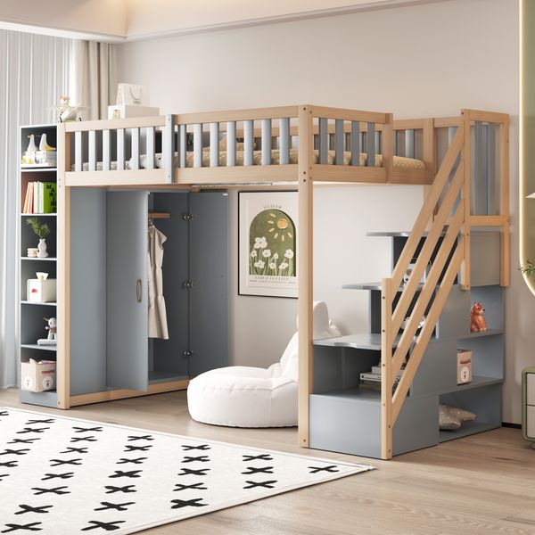 Merax Multifunktionales Hochbett 90x200cm mit Regalen, Stauschrank und großem Kleiderschrank, Sicherheitsleiter mit Ablagefächern, Grau + Rohholzfarben