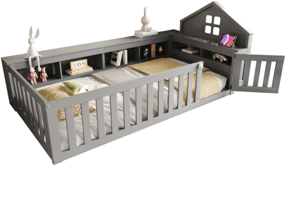 Graues Kinderbett Mit Hausdach Design 90x200 Massivkiefer Sicherheitsbett Mit Staufächern Tür 120kg Tragkraft Montessori Spielbett Bild 5