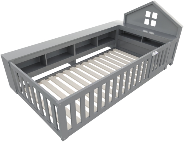 Graues Kinderbett Mit Hausdach Design 90x200 Massivkiefer Sicherheitsbett Mit Staufächern Tür 120kg Tragkraft Montessori Spielbett Bild 6