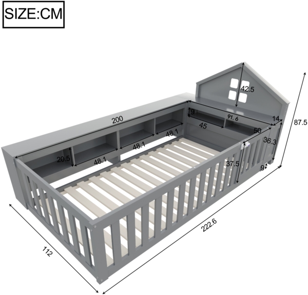 Graues Kinderbett Mit Hausdach Design 90x200 Massivkiefer Sicherheitsbett Mit Staufächern Tür 120kg Tragkraft Montessori Spielbett Bild 4