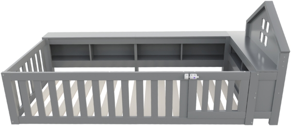 Graues Kinderbett Mit Hausdach Design 90x200 Massivkiefer Sicherheitsbett Mit Staufächern Tür 120kg Tragkraft Montessori Spielbett Bild 8