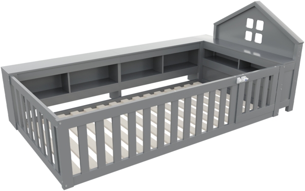 Graues Kinderbett Mit Hausdach Design 90x200 Massivkiefer Sicherheitsbett Mit Staufächern Tür 120kg Tragkraft Montessori Spielbett Bild 10