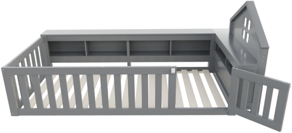 Graues Kinderbett Mit Hausdach Design 90x200 Massivkiefer Sicherheitsbett Mit Staufächern Tür 120kg Tragkraft Montessori Spielbett Bild 7