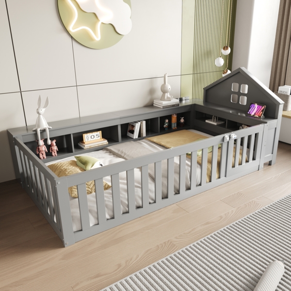 Graues Kinderbett Mit Hausdach Design 90x200 Massivkiefer Sicherheitsbett Mit Staufächern Tür 120kg Tragkraft Montessori Spielbett Bild 3