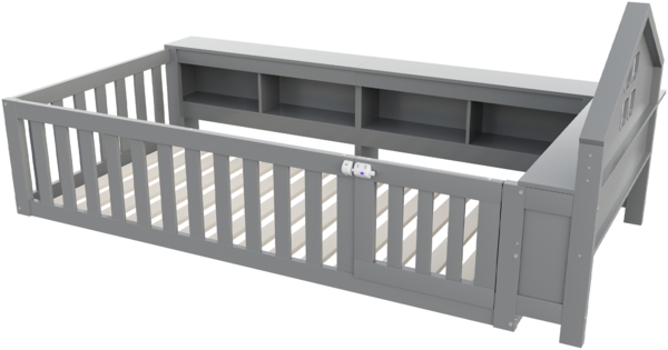 Graues Kinderbett Mit Hausdach Design 90x200 Massivkiefer Sicherheitsbett Mit Staufächern Tür 120kg Tragkraft Montessori Spielbett Bild 9