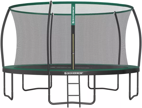 Trampolin Ø 427 cm, Gartentrampolin für Kinder mit Sicherheitsnetz, 180 cm hohe gebogene Stangen, Randabdeckung, Leiter, Stahlrahmen, TÜV Rheinland GS-Zertifikat, schwarz-dunkelgrün