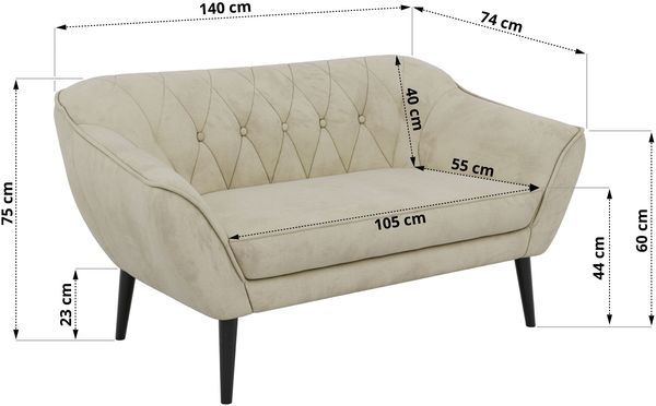Polstersofa PIRS 2 Skandinavisches Sofa 2-Sitzer, Sofa mit Wellenfederung, Breite 140 cm, schwarze Füße Hoher Sitzkomfort - Beige Velvet Bild 5
