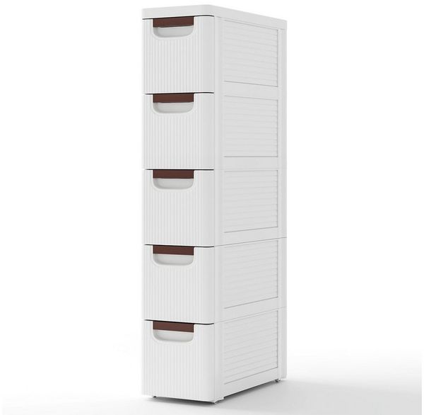 COSTWAY Beistellwagen, Nischenschrank schmal, mit 5 Schubladen & Rollen, weiß