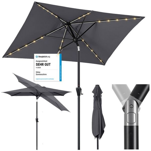 Sekey Sonnenschirm 210 x 140 cm Aluminum Sonnenschirm Rechteckig Marktschirm mit Kurbel, LxB: 210,00x140,00 cm, mit/ohne LED-Lichtern, Sonnenschutz UV50+, Gartenschirm Knickbar
