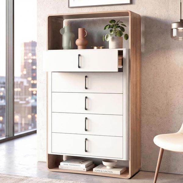 Highboard HWC-P43, Hochschrank Sideboard Kommode, 5 Schubladen MDF 155x80x41cm ~ Wotan-Eiche-Optik, weiß