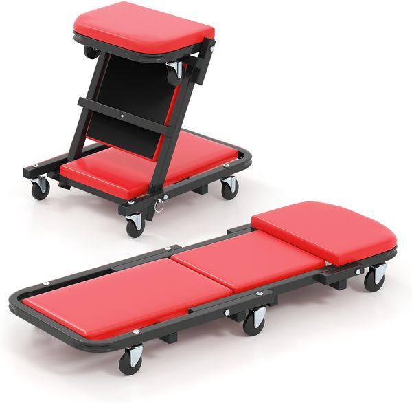 2 in 1 Rollbrett Werkstatt Montagerollbrett mit 6 Rollen & Gepolstertem Sitz bis 160 kg Belastbar Rot