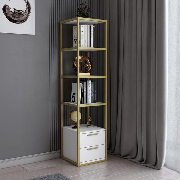 Hanah Home Modern Glam Bookshelf, Gold & White, 39 x 39 x 160 cm | 100% Melamine Coated Particle Board, 18 mm Thick, Sturdy Metal Frame | Stylish Storage Solution