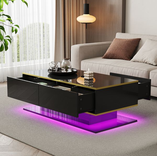 Couchtisch 100 x 50 x 40 cm mit 3 Schubladen, LED-Lichtstreifen und Ablagefach – Schwarz/Gold