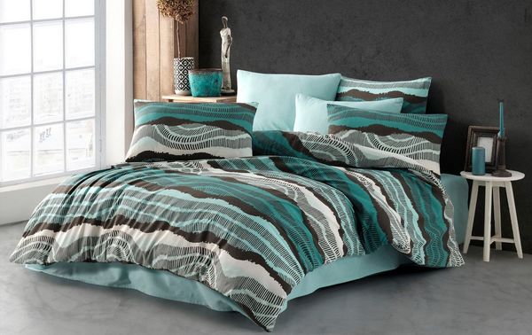 Buymax Bettwäsche Bettbezug-Set Dolce, Center, Baumwollmischung: 80% Baumwolle, 20% Polyester, 4 teilig, Bettwäsche 155x220 4 teilig, Türkis-Schwarz, Streifen, gestreift