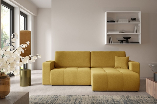 Ecksofa Sofa mit Schlaffunktion AUGUSTO in Stoff Wind Honiggelb Ottomane Rechts