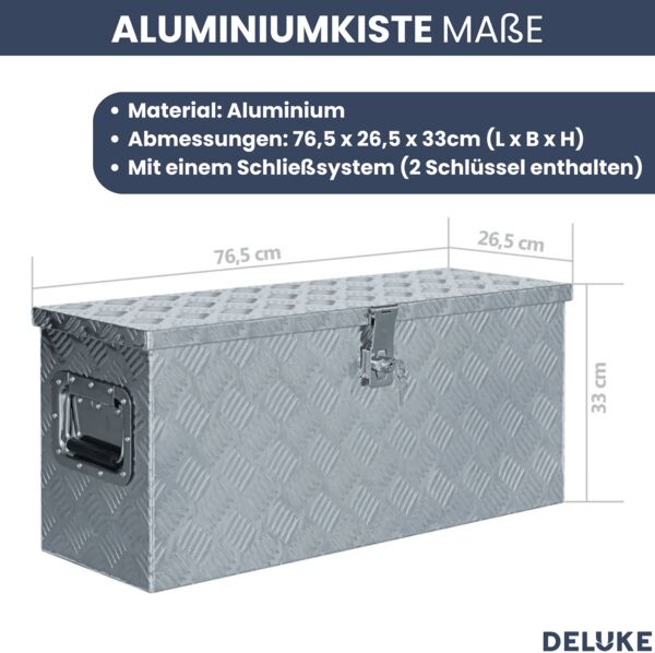 Aluminiumbox mit Deckel - Abschließbar | Alubox Deichselbox Alu Anhängerbox Werkzeugkiste Metall Transportbox Metallkiste, 76,5x26,5x33cm Silber Bild 3