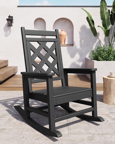 GarveeHome Wetterfester Schaukelstuhl Aus HDPE, Outdoor-Loungesessel Mit Karierte Rückenlehne Und Armlehnen, Großer Schaukelstuhl Mit Hoher Rückenlehne, Für Pool Und Terrasse, 61 x 89 x 102 cm