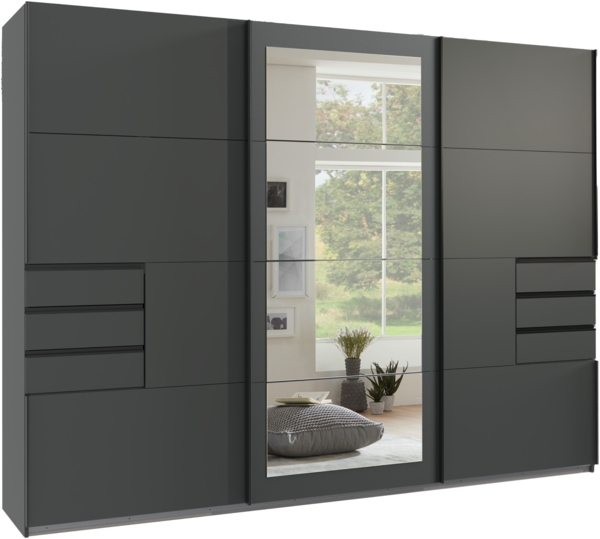 Schwebetürenschrank Kleiderschrank 270 cm in Grafit mit Schubladen, Rahmenspiegel