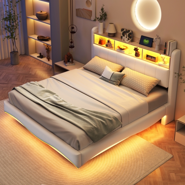 Polster-Schwebebett 160x200 cm mit LED-Farbwechsel, USB/Typ-C-Anschlüssen, Stauraum & Metallrahmen,Beige
