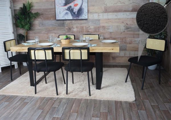 6er-Set Esszimmerstuhl HWC-K88, Lehnstuhl Stuhl, Holz Poly-Rattan Metall Bouclé ~ Stoff/Textil schwarz