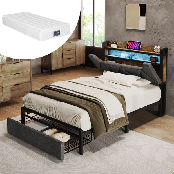 Polsterbett 90×200 cm aus Leinen-Stoff mit LED-Beleuchtung inklusive Matratze, grau