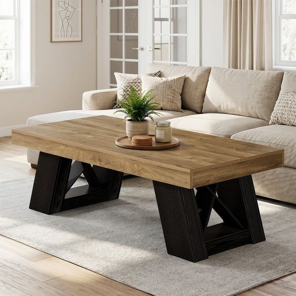 Tribesigns Couchtisch Großer Couchtisch 140 cm, Wohnzimmertisch Holz mit verstärkten X-Bein