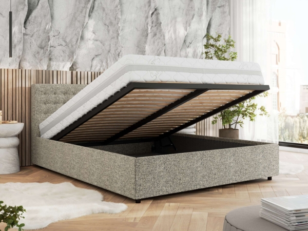 Polsterbett mit Holzlattenrost Doppelbett PAVO CLASSIC, hohe Kopfteil, Bettkasten mit Gasdruckfeder Pocket Matratze - 160x200 cm - Beige Strukture - VIRE LUX Bild 3