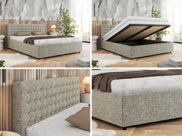 Polsterbett mit Holzlattenrost Doppelbett PAVO CLASSIC, hohe Kopfteil, Bettkasten mit Gasdruckfeder Pocket Matratze - 160x200 cm - Beige Strukture - VIRE LUX Bild 2