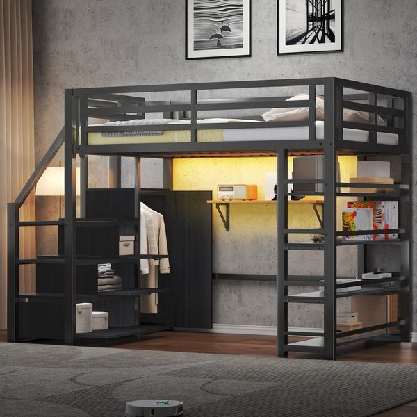 Flieks Hochbett Metallbett 140x200 cm mit Regale Stauraumtreppe Kleiderschrank LED