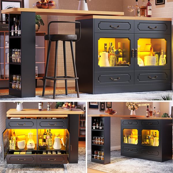 Ausziehbarer Bartisch, 360° drehbare Essbar, geeignet für Schlafzimmer, Wohnzimmer, Esszimmer, teleskopischer Bartisch mit LED, Hochtisch Kücheninsel, Schwarz, 135–203 x 39 x 92.8 cm