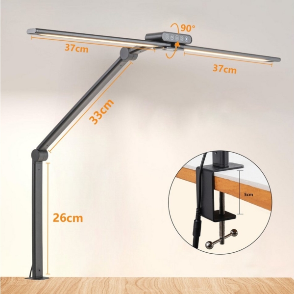 LMaxhome Schreibtischlampe 24W LED Dimmbar Doppelkopf klemmbar 2000lm Augenschutz Büro Tageslicht, 75CM, LED fest integriert, 5 Farbtemperatur und 10 Helligkeitsstufen, Touch-Steuerung, Werkbankbeleuchtung, Tischleuchte, Leselampe für Home Bild 2