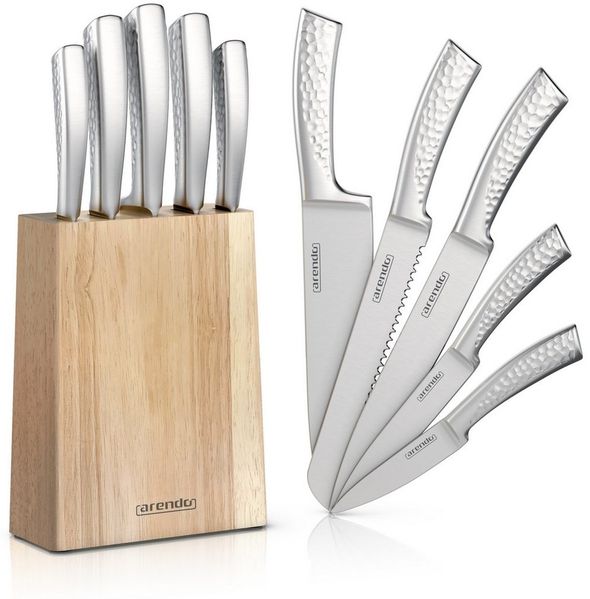 Arendo Messerblock 5-teilig mit Messern aus Edelstahl, Holzblock, ergonomische Griffe (6tlg), präzisionsgeschliffene Klingen, spülmaschinenfest, rostfrei