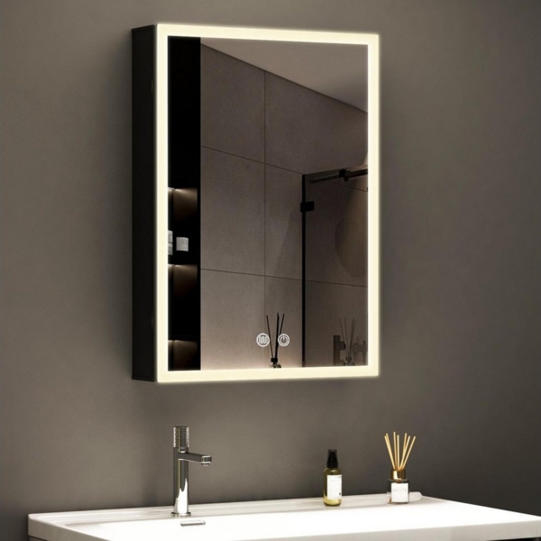 WDWRITTI Spiegelschrank Schwarz mit beleuchtung Hängeschrank 3Lichtfarben Dimmbar Anti-fog (Badezimmerspiegelschrank mit LED Speicherfunktion 1 türen 50x13x70cm, Rasiersteckdose, Doppelseitiger Spiegel, Alu-Schranktür) Full Surround Light Strip, mit Ne...