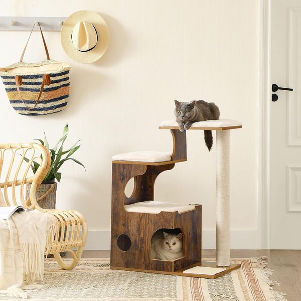 Feandrea Kratzbaum 86 cm, mittelgroßer Katzenkratzbaum mit 3 Liegeflächen und Höhle, Katzenbaum aus MDF mit Holzfurnier, Sisalstamm, waschbare Auflagen aus Plüsch, vintagebraun-weiß,von Songmics, PCT70HW