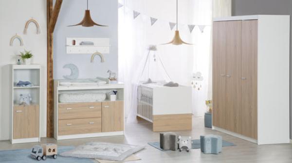 roba Kindermöbelset 'Gabriella' - Gitterbett 70 x 140 cm - Wickelkommode breit mit Aufsatz - Weiß / Eiche